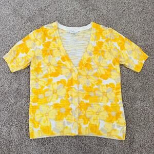 Croft & Barrow Cardigan Short Sleeve Short Sweater 100% Cotton Yellow Floral